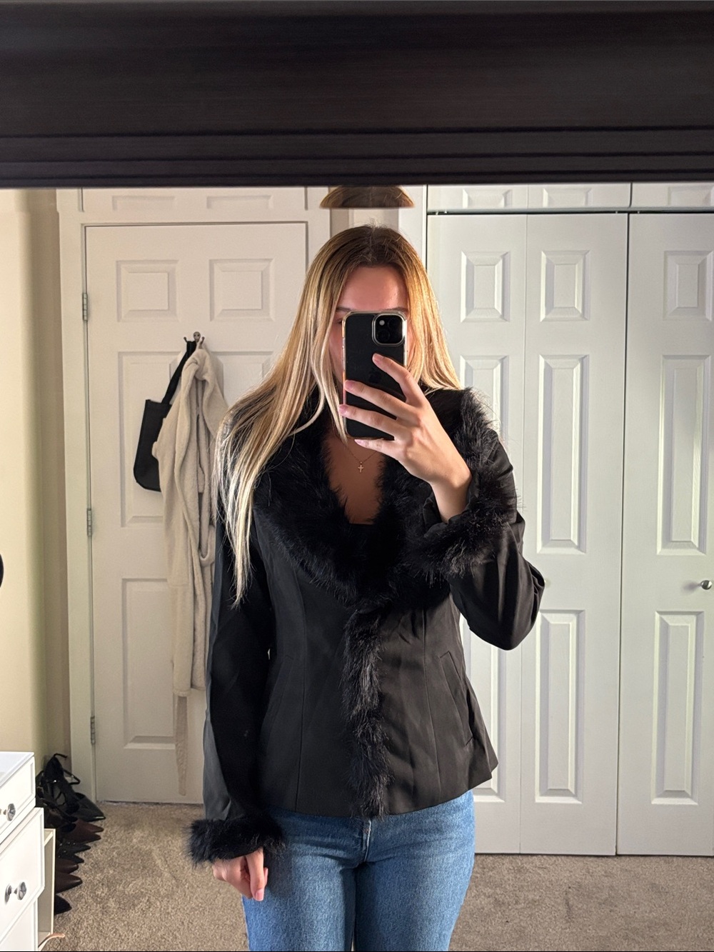 H&M Black Fur Trim Light Fall Jacket